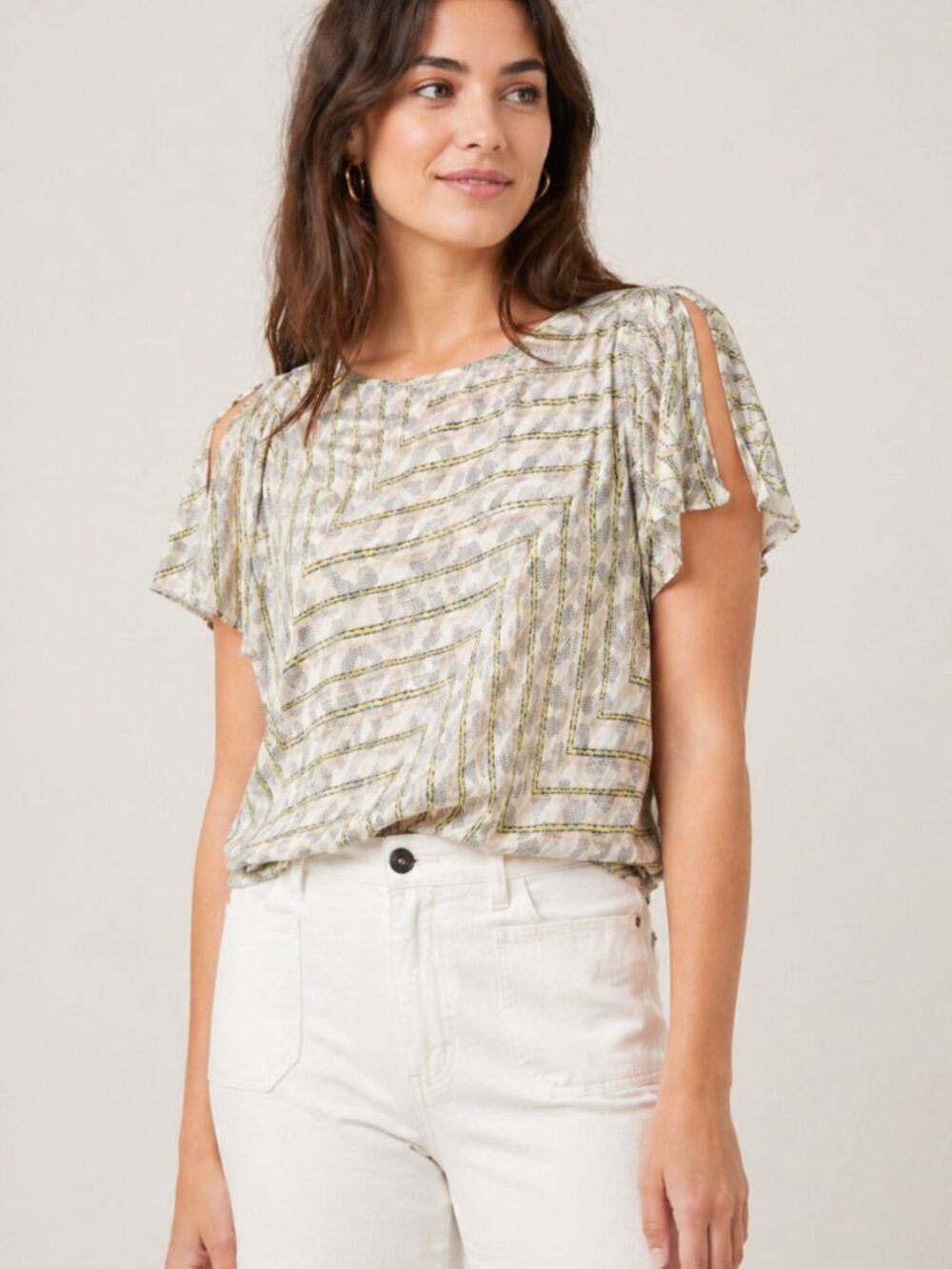 Banana Republic Top Blouse Womens Sz M Geometric Short Split Sleeve Light NEW